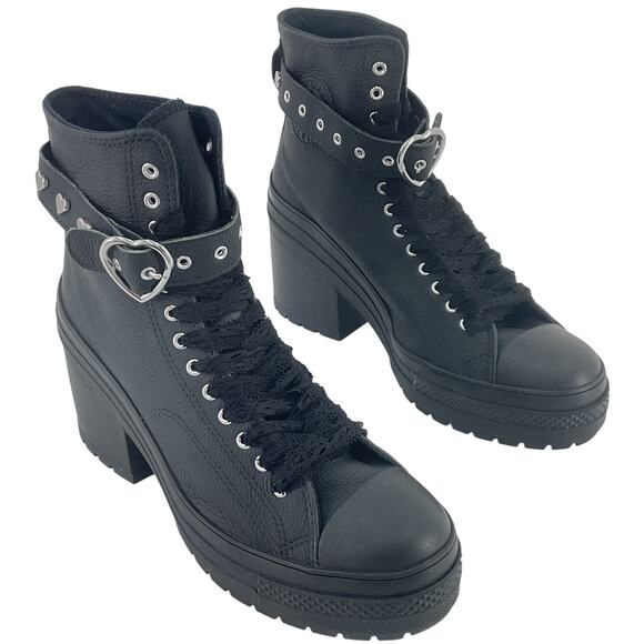 Converse Black Leather Hearts Platform Sneaker Boots Women’s Size 10.5 Preowned - Picture 1 of 7